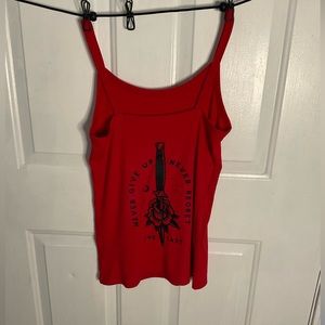 Large red tank top never give up never regret front and back
